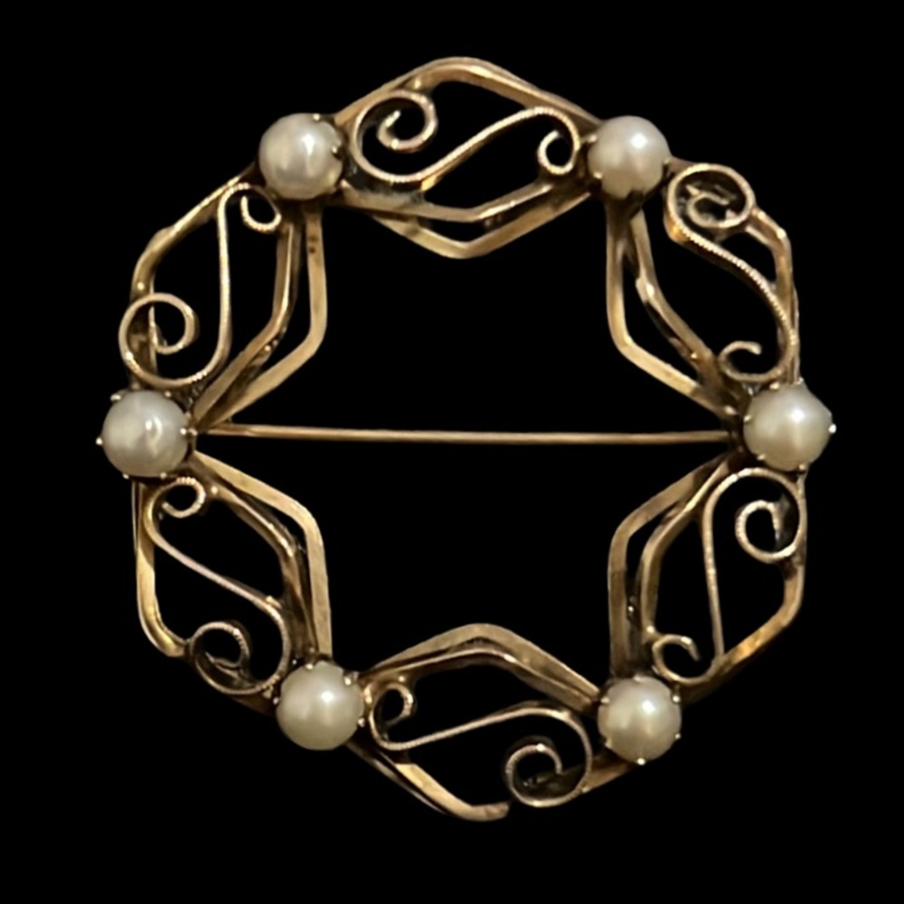 Antique Victorian Gold Filled Filagree and Genuine Pearl Brooch